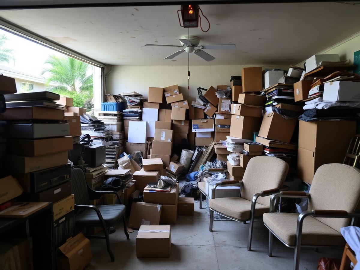 Miami garage packed with boxes, old chairs and clutter before junk removal