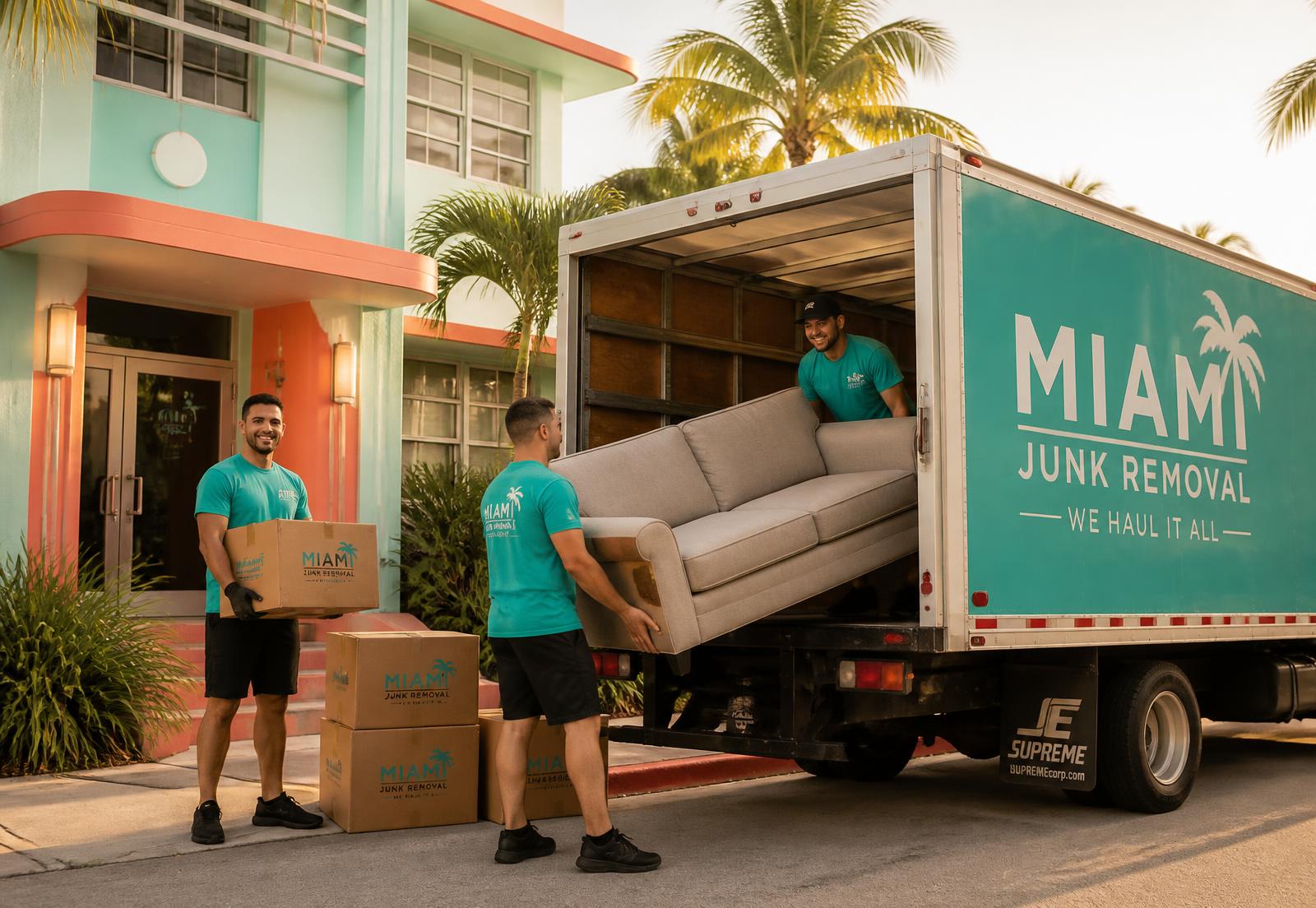 Respawn and Haul crew loading a couch and boxes into their truck outside a Miami home